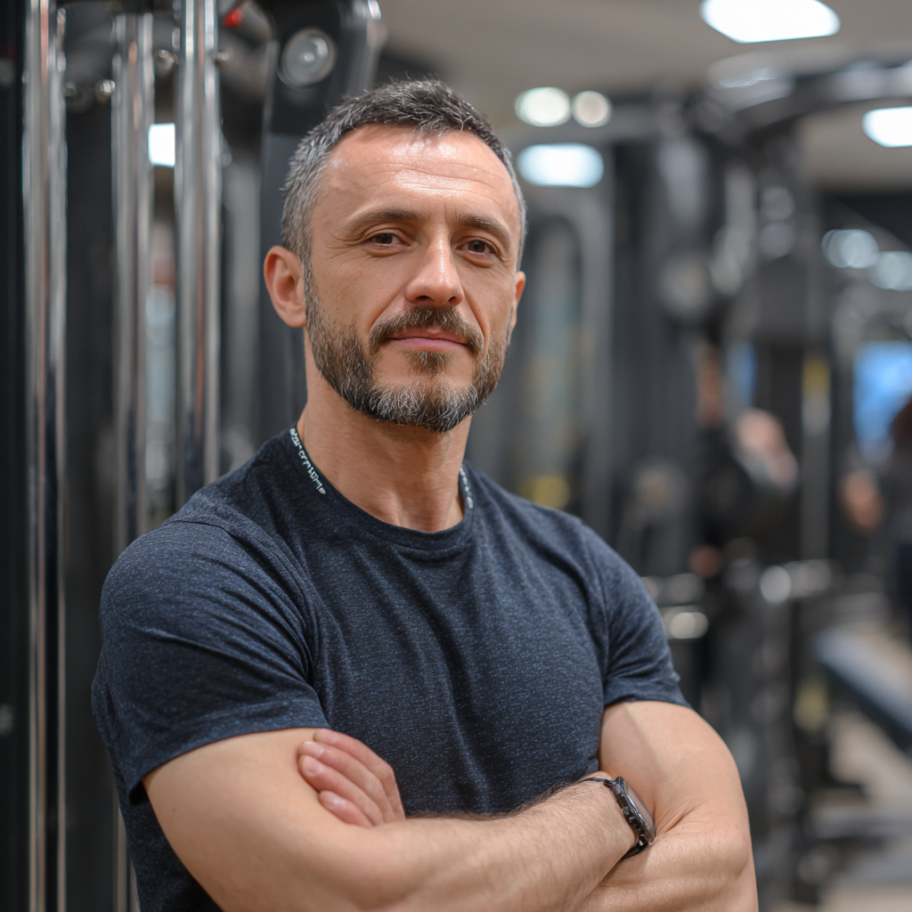 Усмихната жена от България по време на интензивна тренировка във фитнес зала