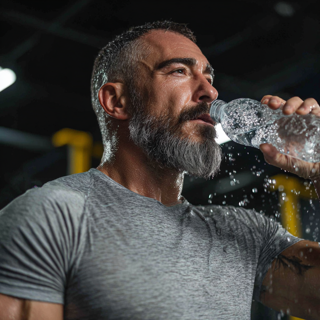 Усмихнат мъж от средна възраст от България пие вода след тренировка в модерна фитнес зала